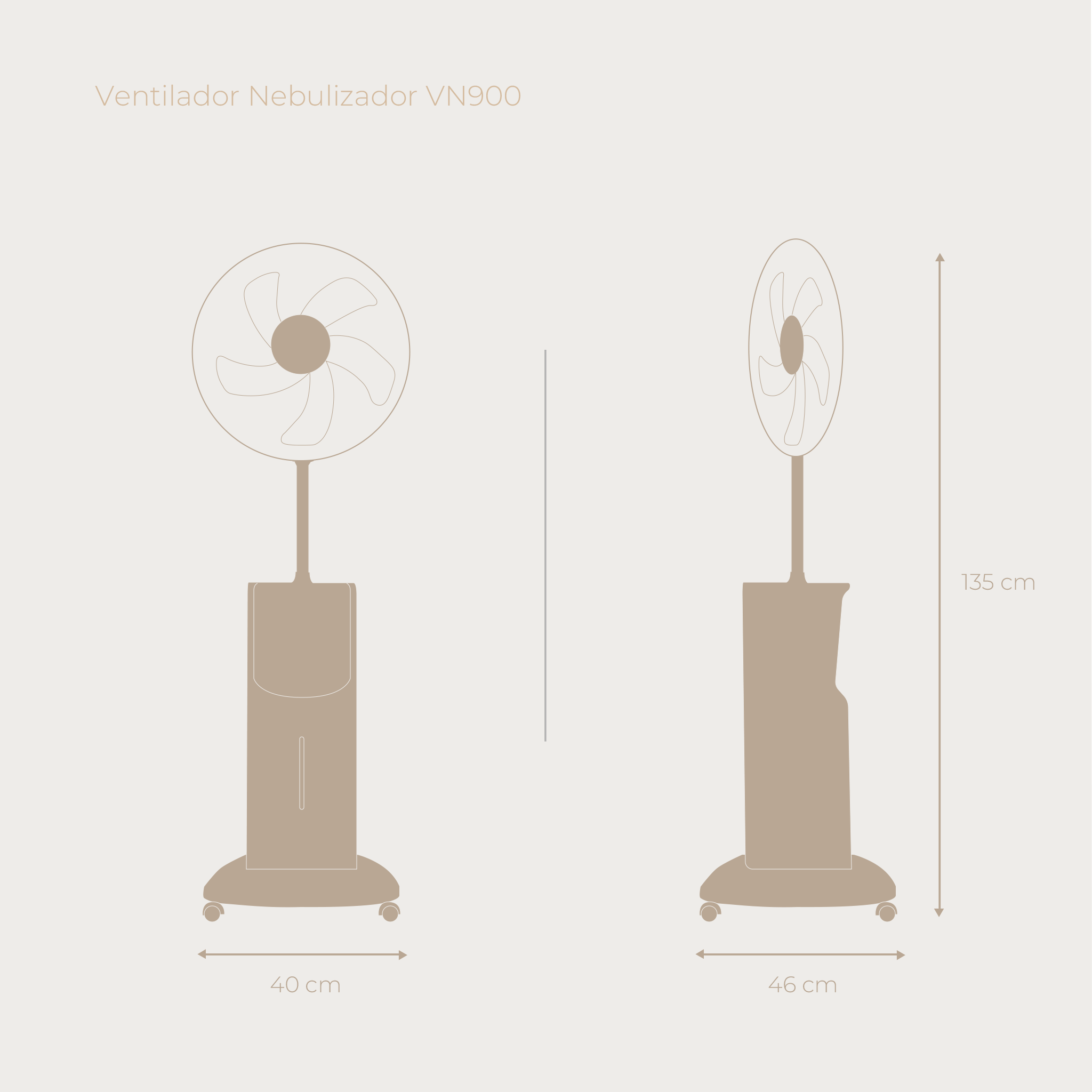 Dos vistas esquemáticas de un ventilador nebulizador con medidas.