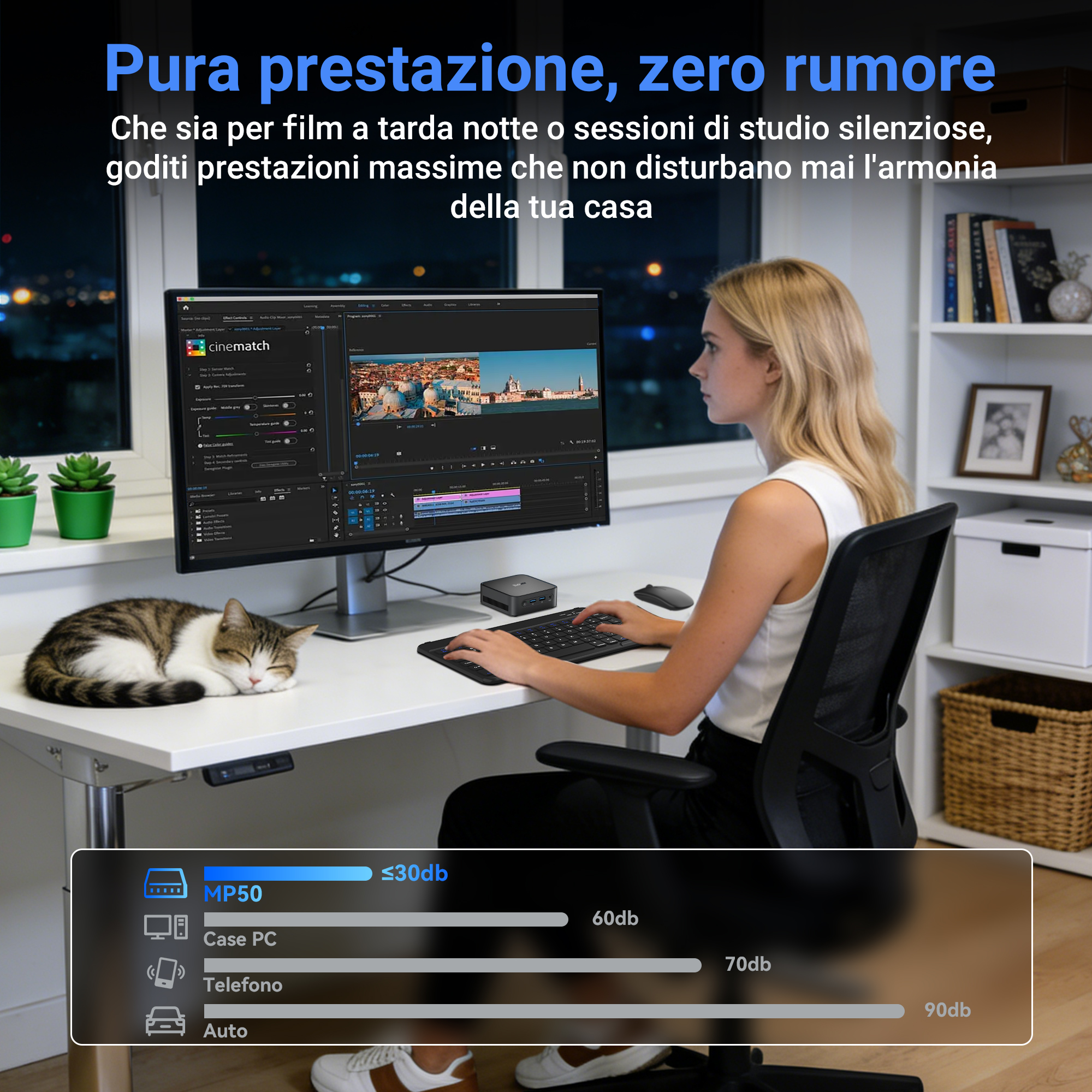 Una donna lavora al computer, un gatto dorme sulla scrivania.