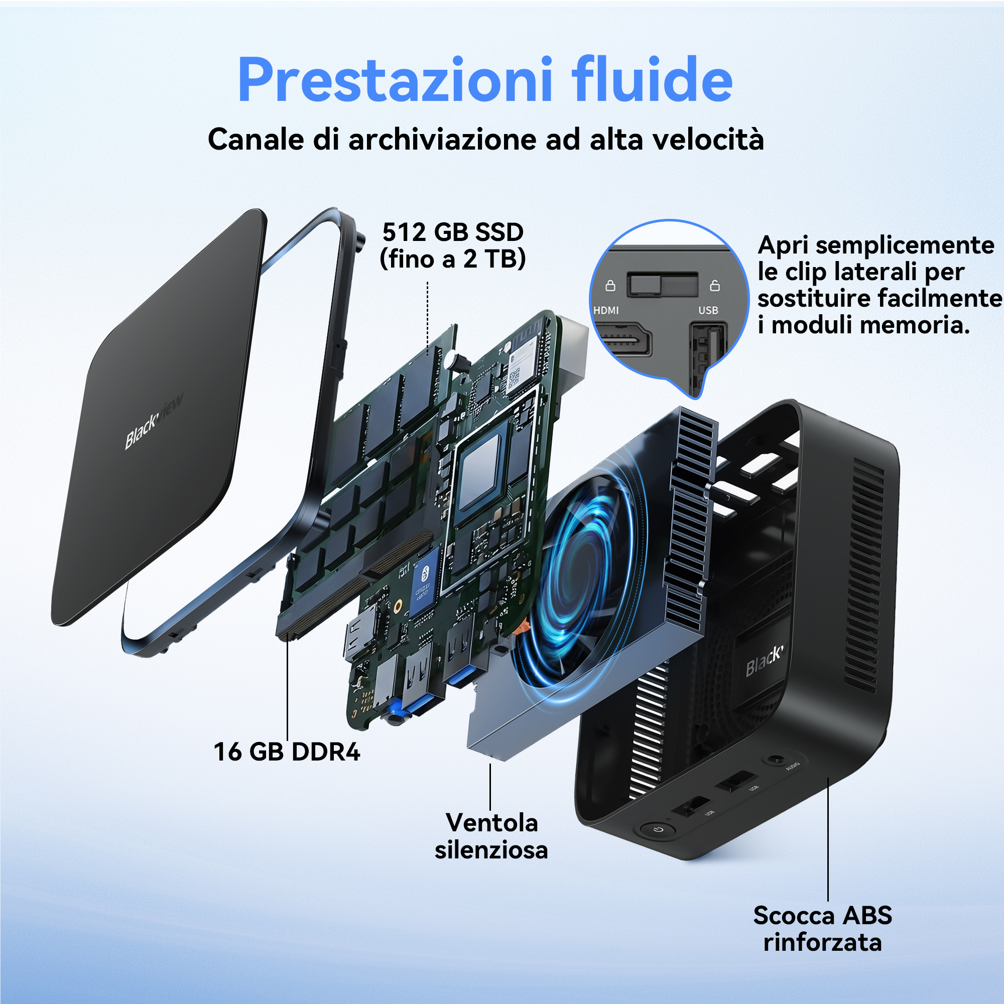 Vista esplosa di un computer nero che mostra componenti interni: PCB, SSD e ventola.