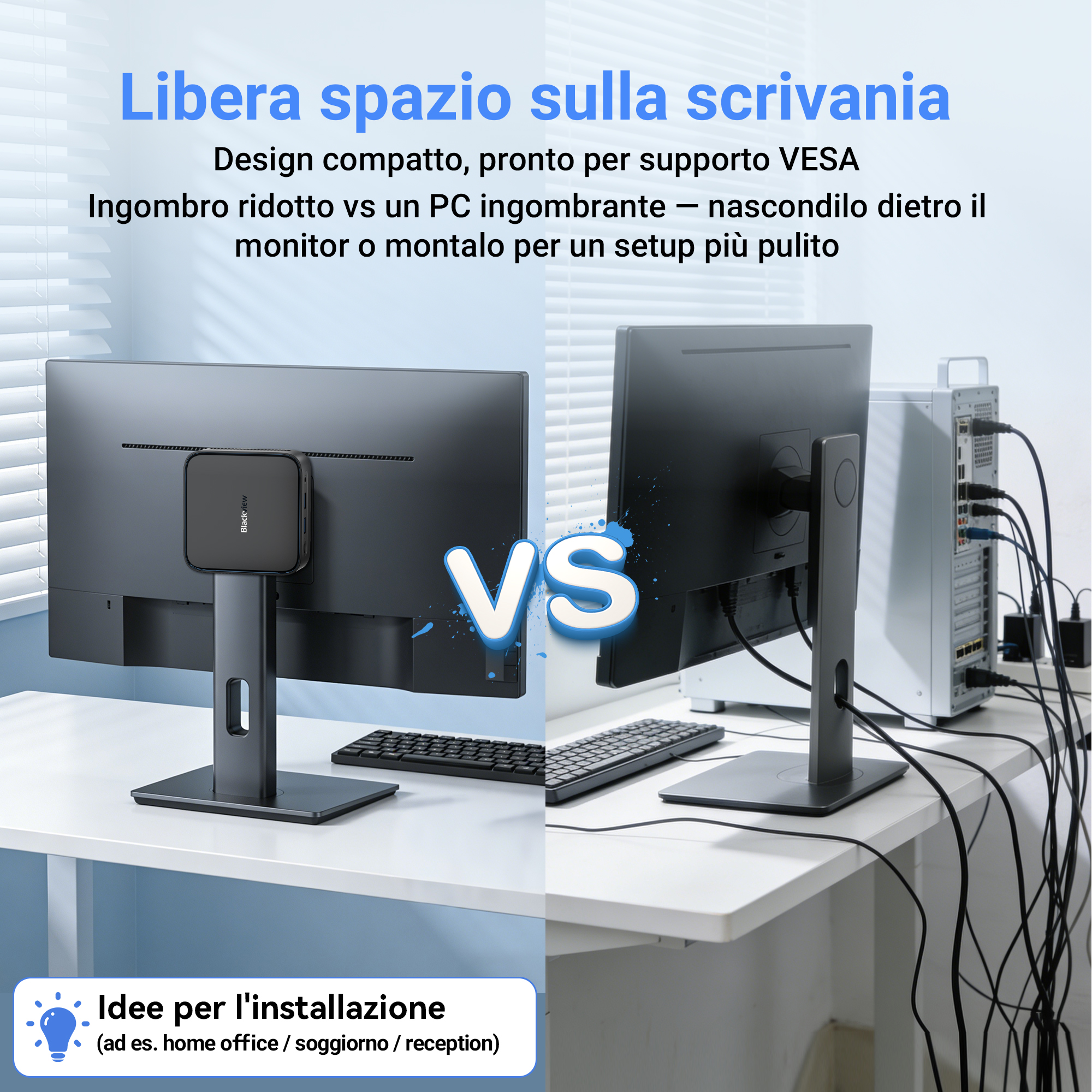 Confronto tra due configurazioni da scrivania: PC compatto dietro il monitor vs. PC ingombrante con cavi.