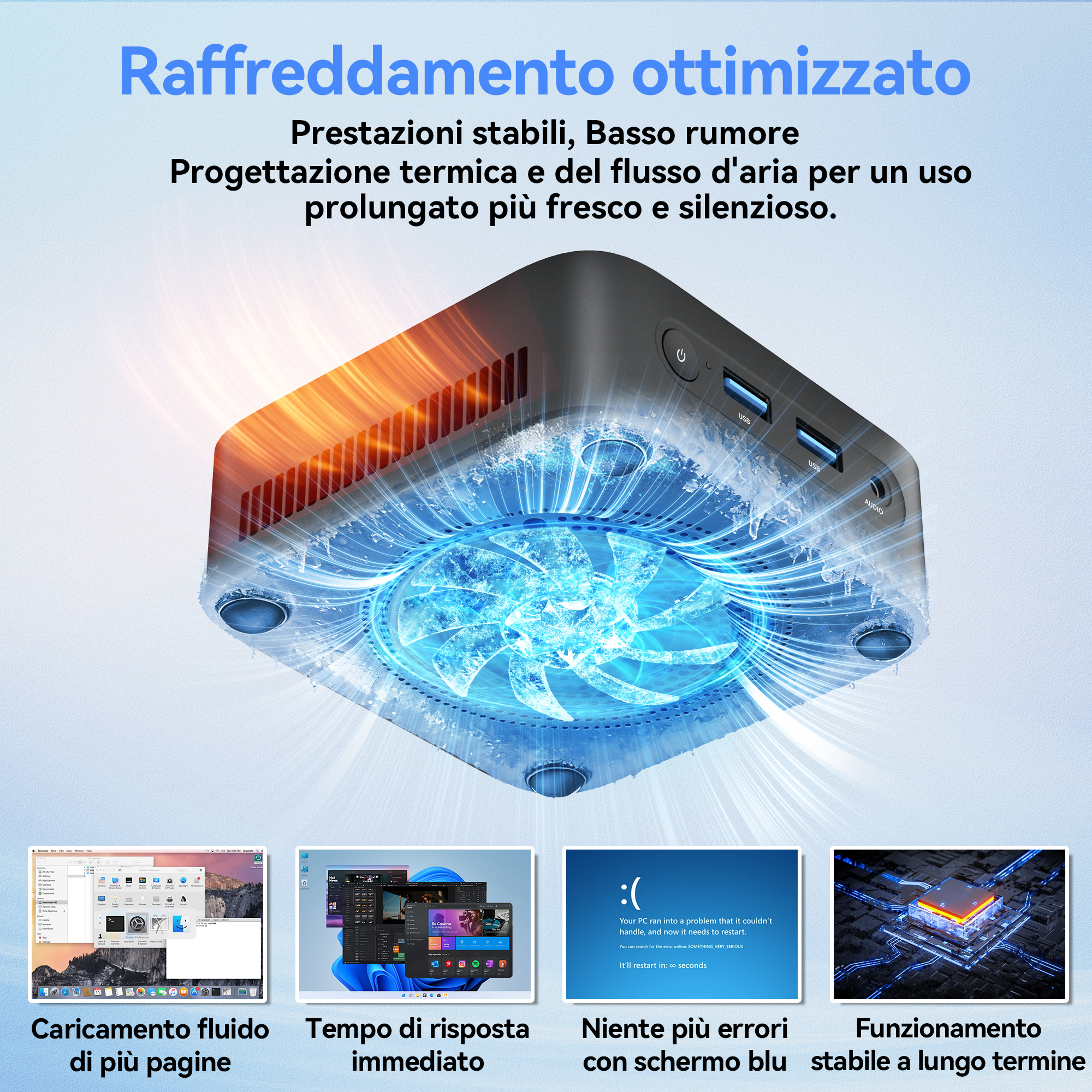 Una ventola del PC con particelle di ghiaccio blu che dissipano il calore. Sotto sono visibili quattro screenshot.