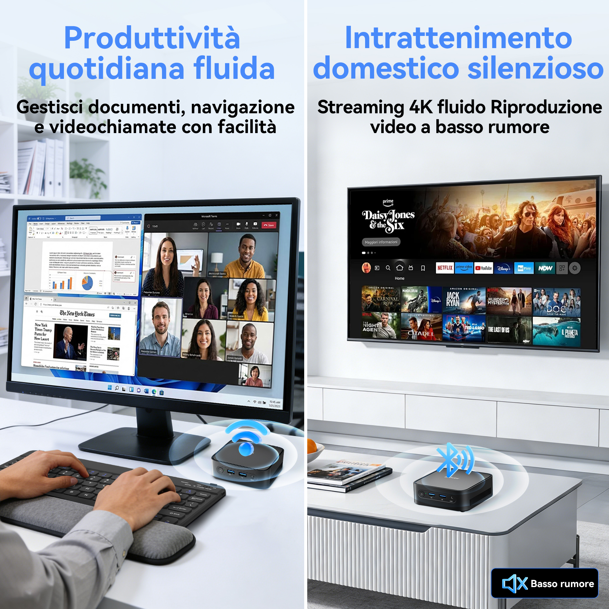Uno schermo PC mostra una videoconferenza. Accanto, un TV visualizza contenuti in streaming.