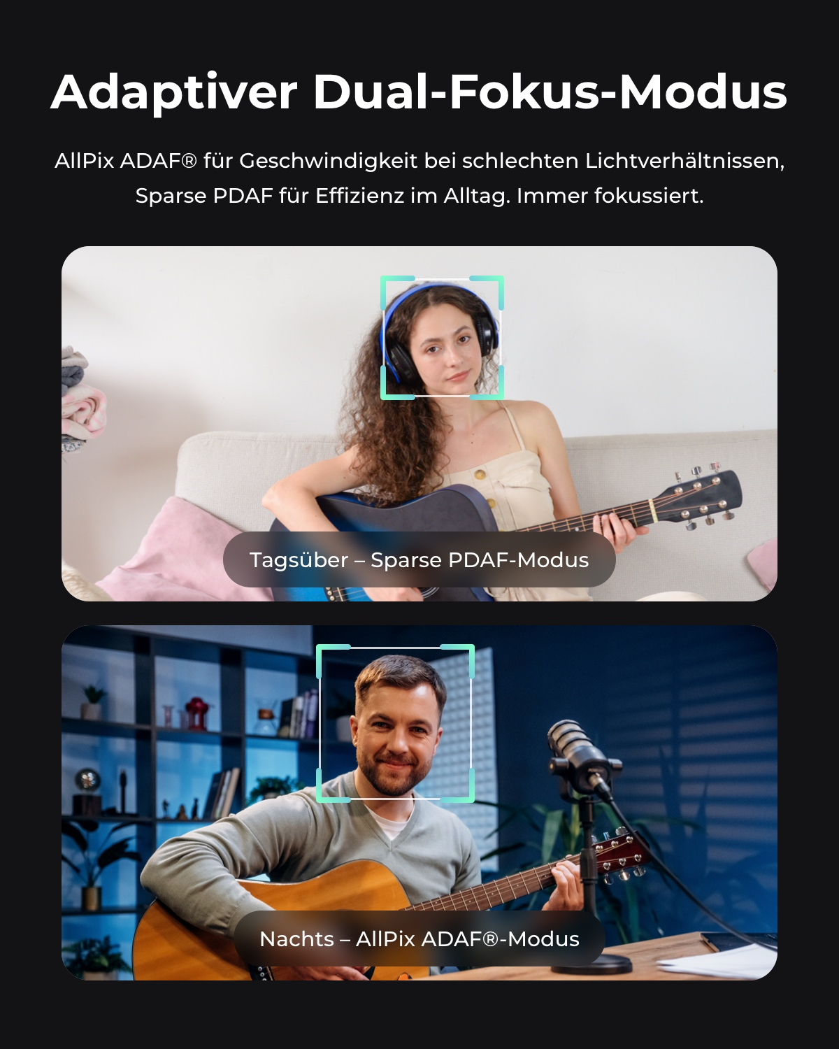 Frau mit Kopfhörern und Gitarre tagsüber; Mann mit Gitarre nachts am Mikrofon.