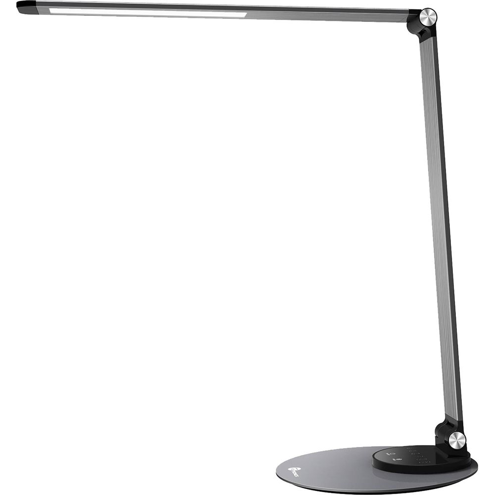 Eine moderne, schlanke, silberne LED-Schreibtischlampe mit flexiblem Arm und rundem Fuß.