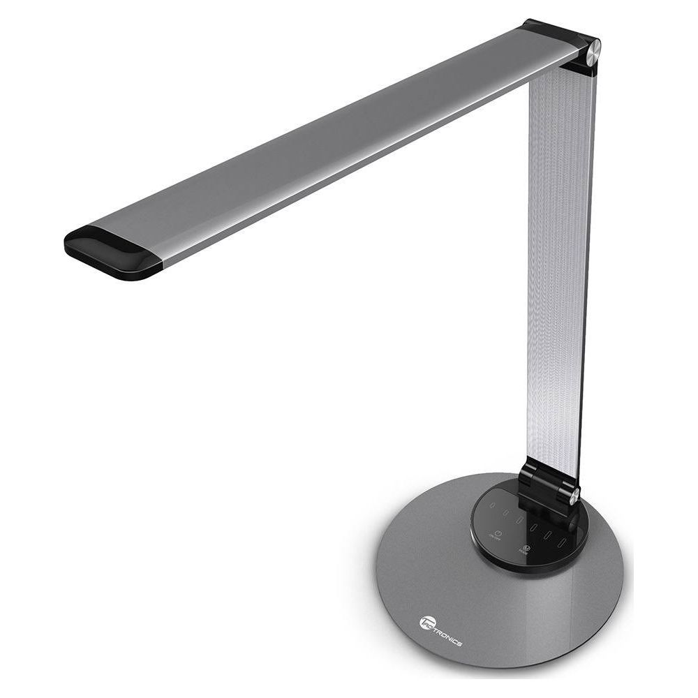 Eine moderne silberne LED-Schreibtischlampe mit flexiblem Arm und rundem Fuß.