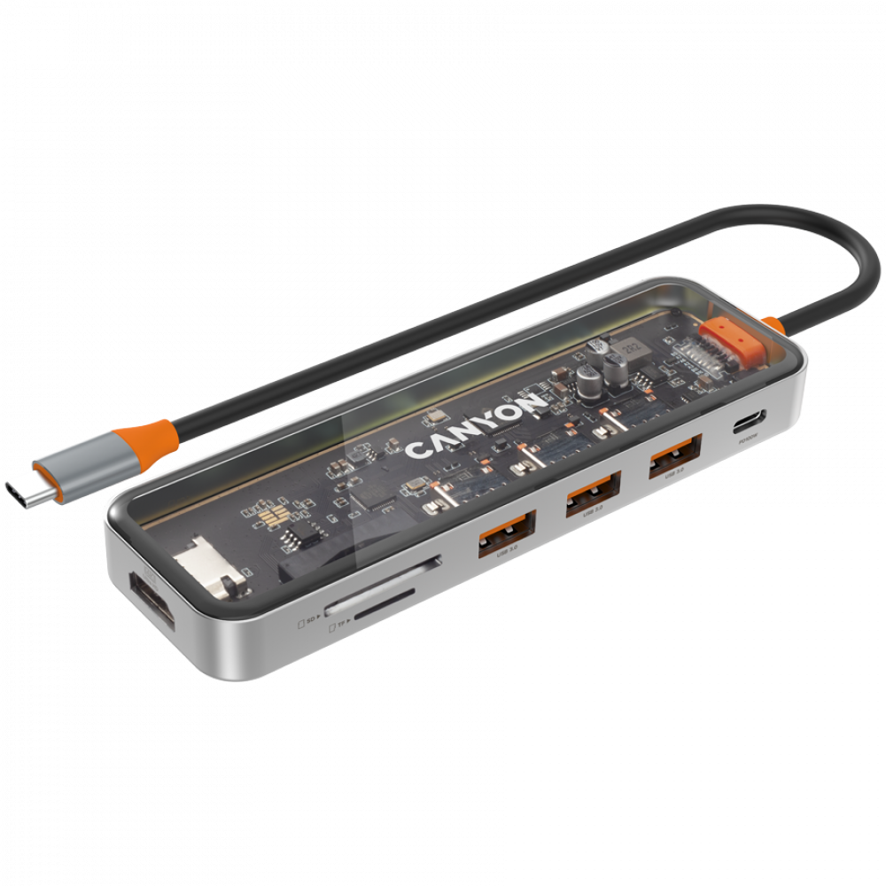 Hub USB-C z przezroczystą górą, portami HDMI, kart SD i USB 3.0.