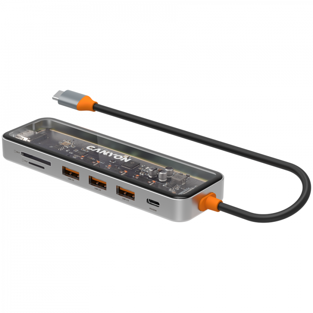 Srebrny hub USB-C z czterema portami USB 3.0, gniazdami kart SD/TF i portem PD.