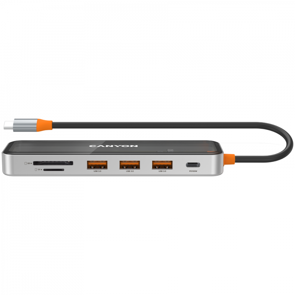 Szary hub USB-C Canyon z czytnikami kart SD/TF, 3x USB 3.0, PD 100W.