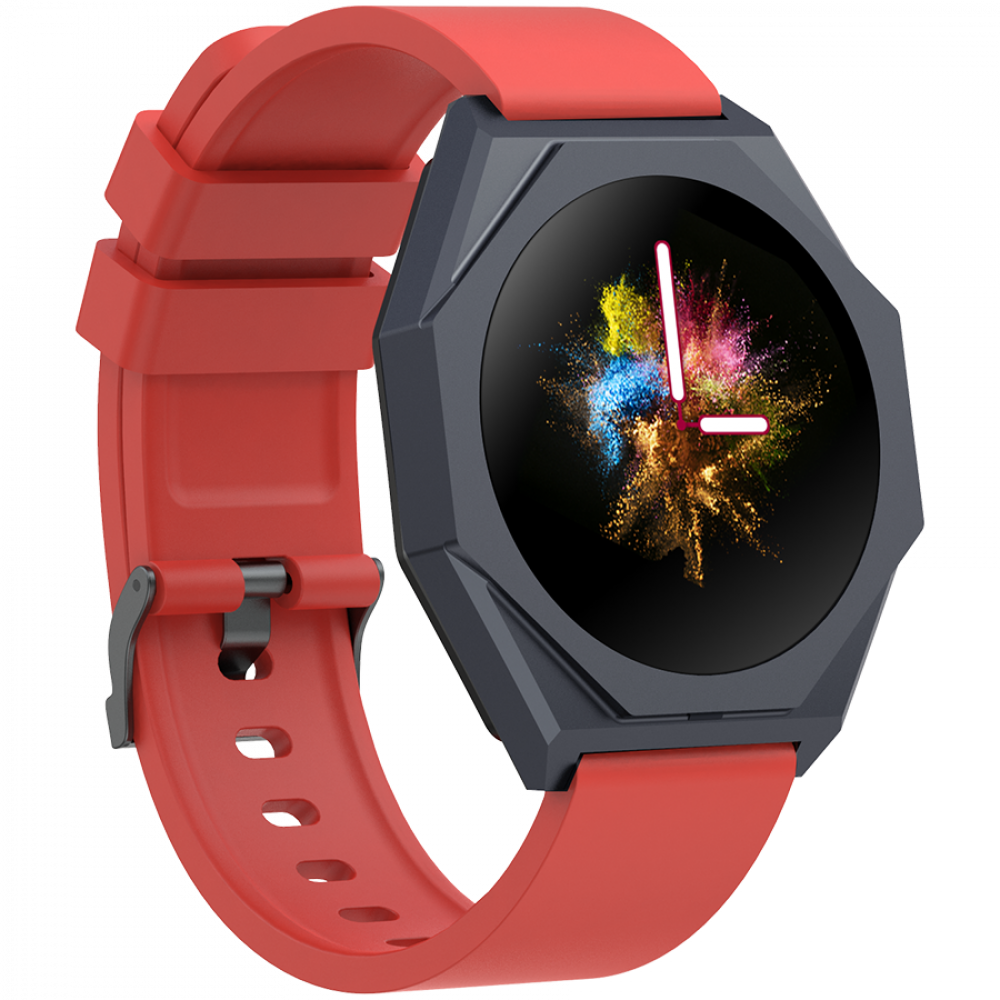 Czerwony smartwatch z ciemną ramką i kolorową tarczą.