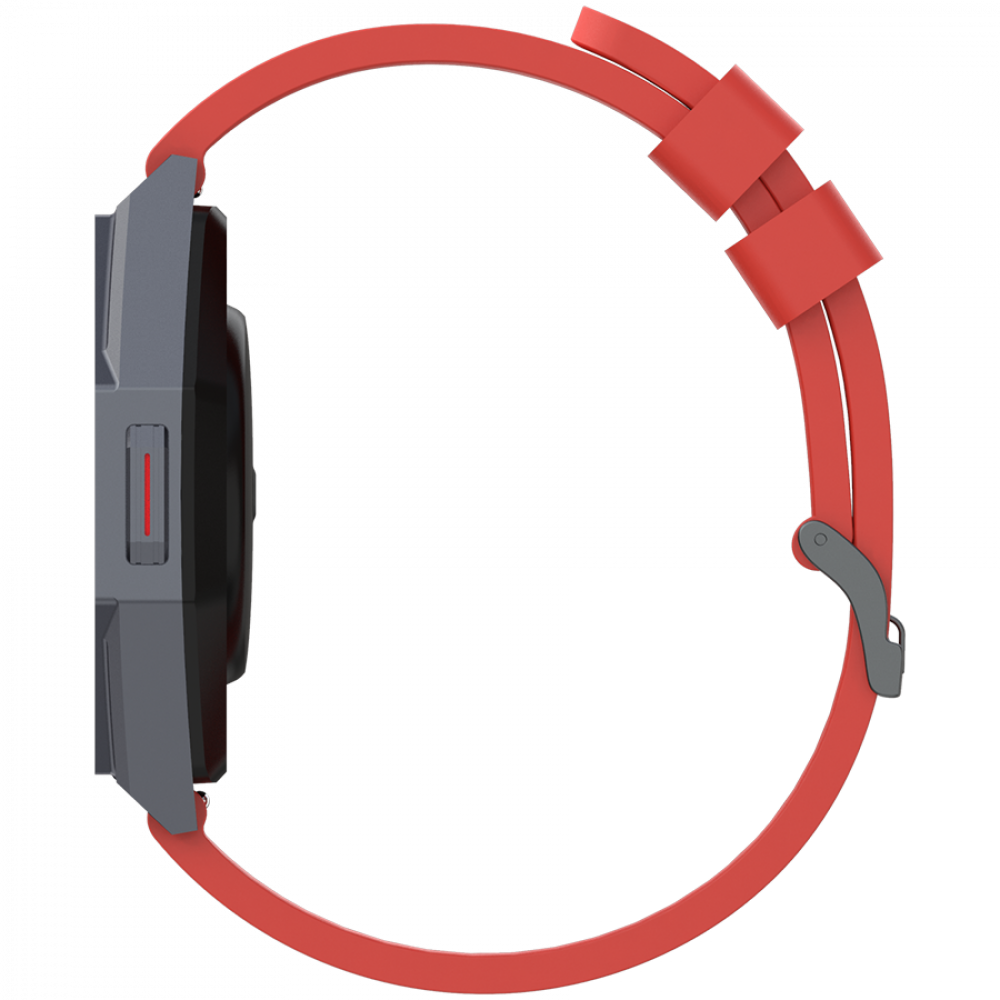 Szary smartwatch z czerwonym paskiem, widok z boku.