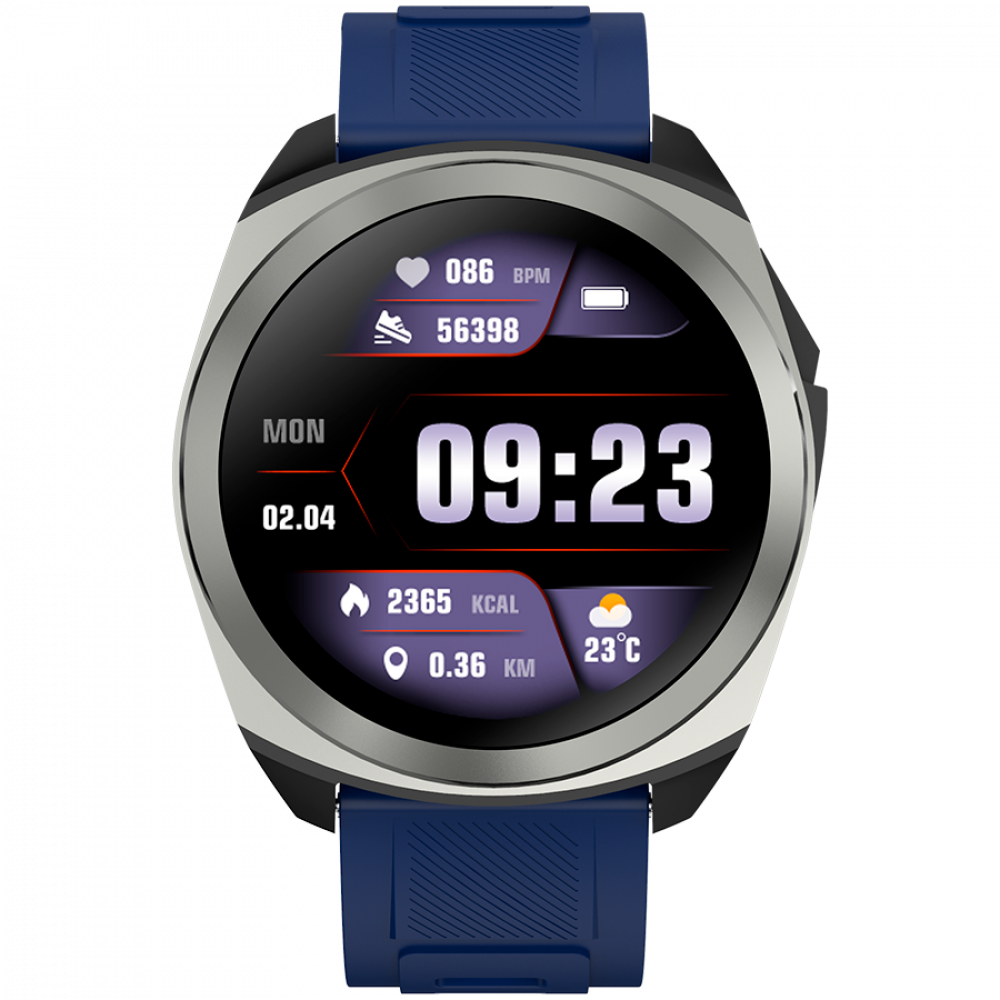 Zegarek smartwatch z niebieskim paskiem pokazuje 09:23, 86 BPM, 56398 kroków, 2365 kcal, 0,36 km.