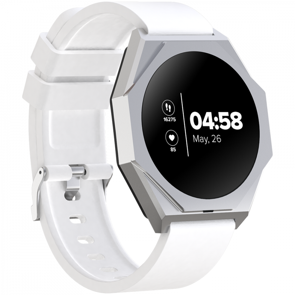 Biały smartwatch z srebrną ramką i czarnym ekranem pokazuje 04:58.