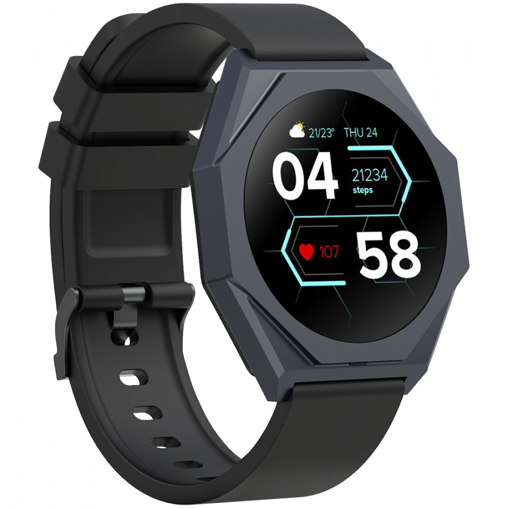 Szary smartwatch z czarnym paskiem. Pokazuje 4:00, 21234 kroki, 107 uderzeń serca, 58 min.