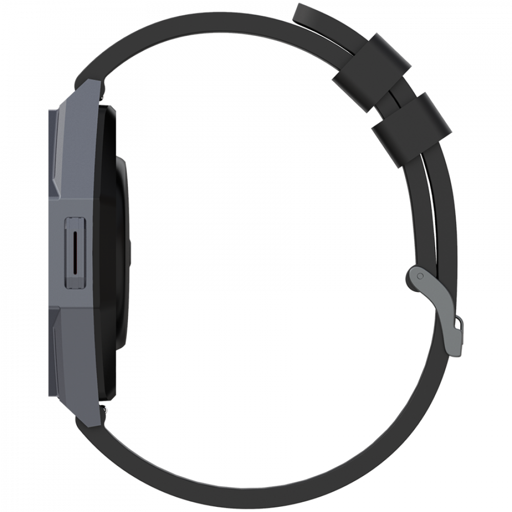 Szary smartwatch z czarnym paskiem, widok z boku.