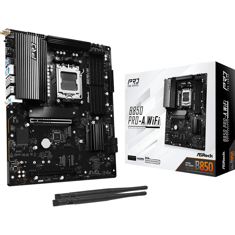 Płyta główna ASRock B850 Pro-A WiFi z pudełkiem i antenami.