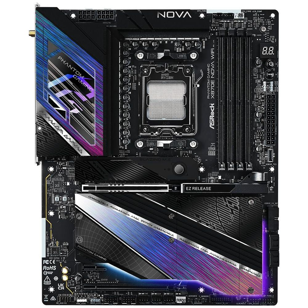 Czarna płyta główna z podświetleniem RGB, gniazdem procesora i slotami RAM.