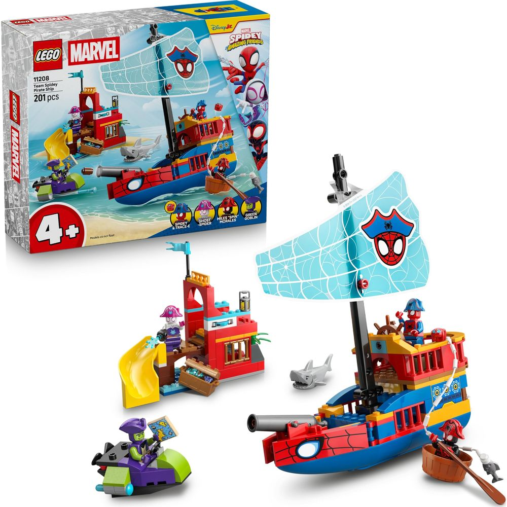 Statek piracki LEGO Spidey z figurkami i akcesoriami. Zestaw z łodzią, wyspą i pojazdem.