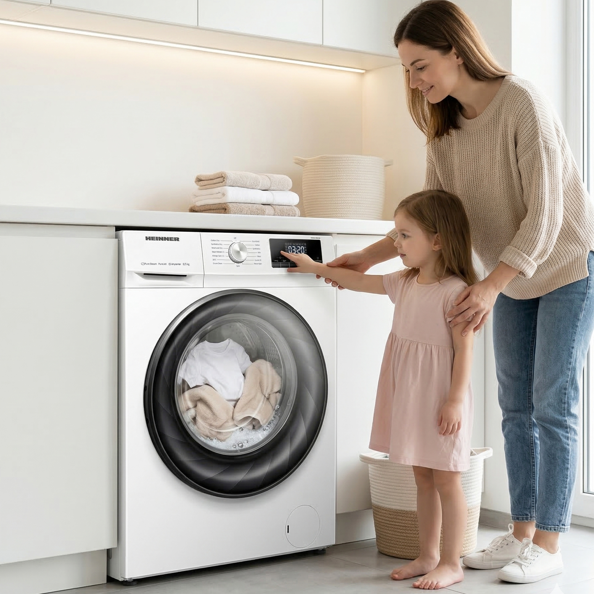 Eine Frau und ein Kind stehen vor einer Waschmaschine, die mit Wäsche beladen ist.