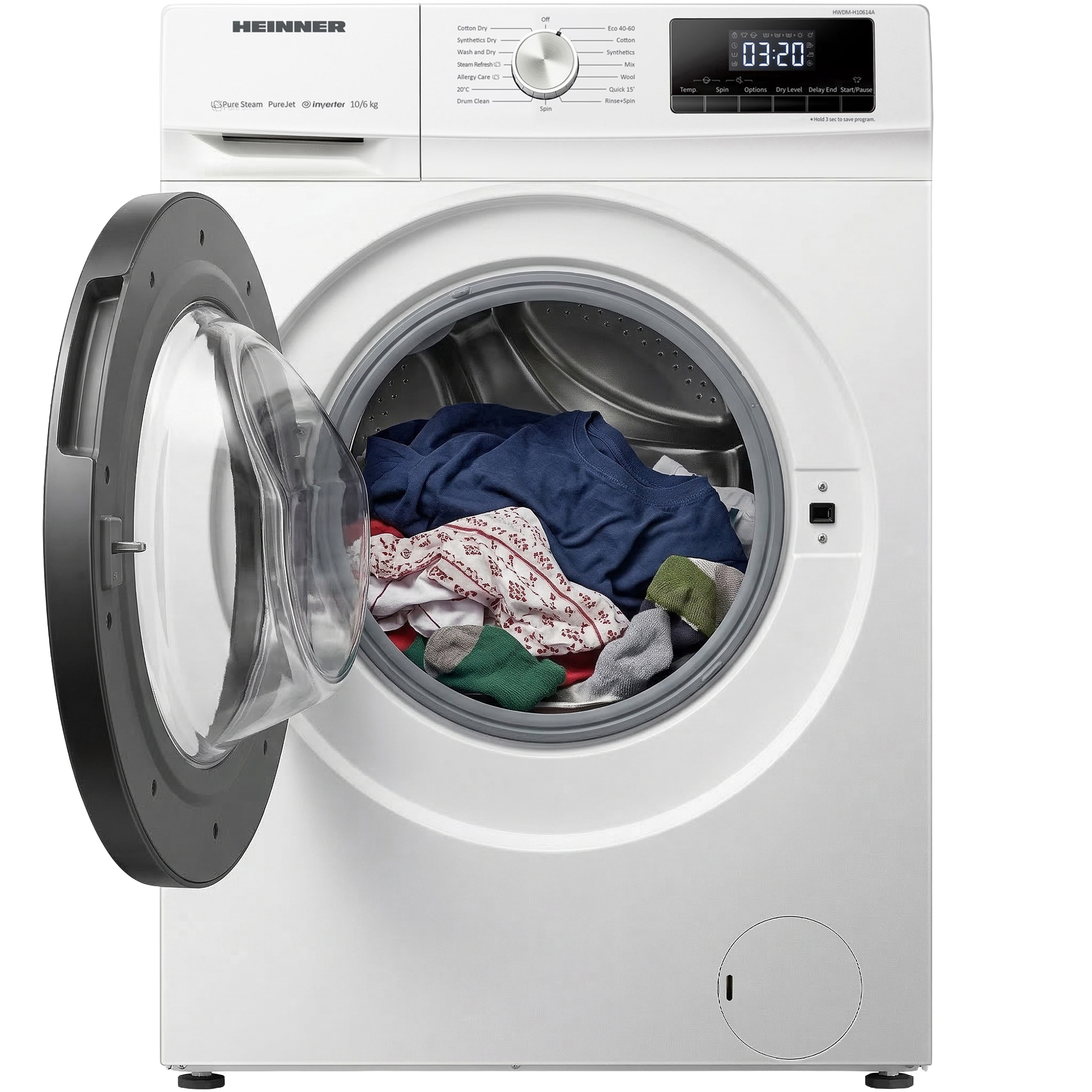 Eine weiße Waschmaschine mit geöffneter Tür, gefüllt mit Kleidung. Das Bedienfeld ist sichtbar.