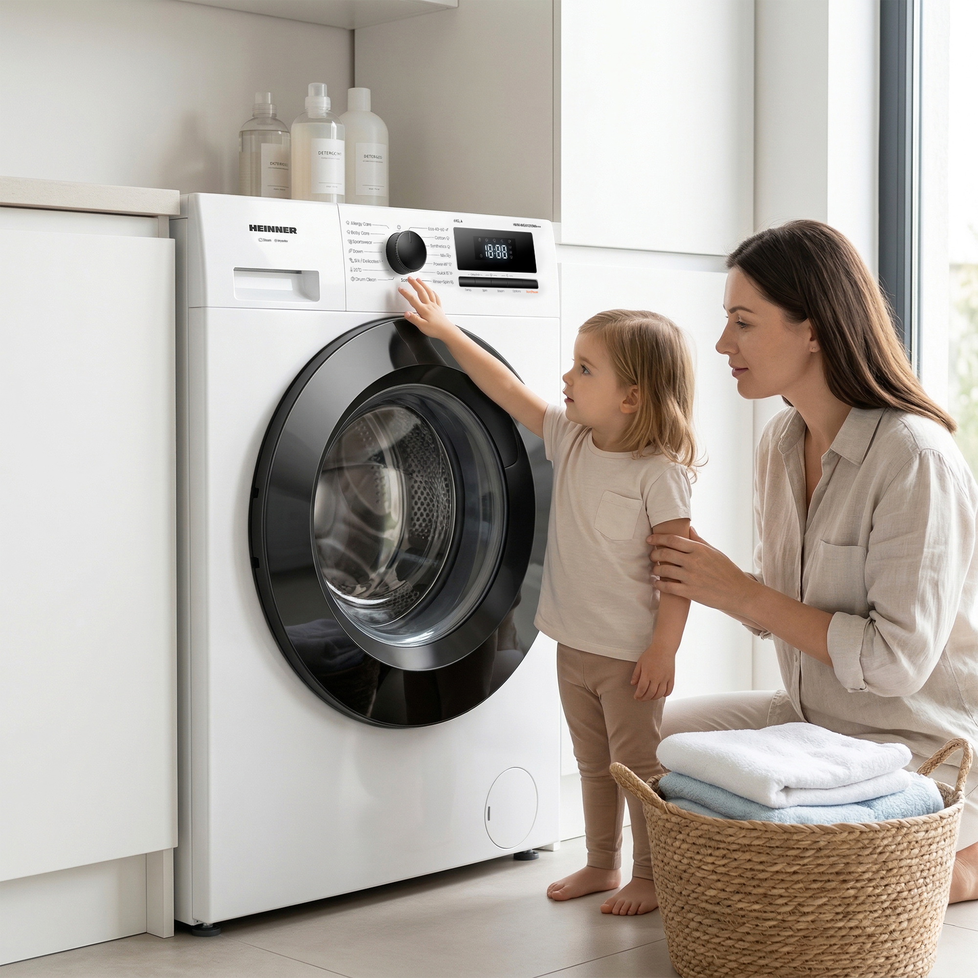 Mutter und Kind vor einer Waschmaschine, daneben ein Wäschekorb mit Handtüchern.