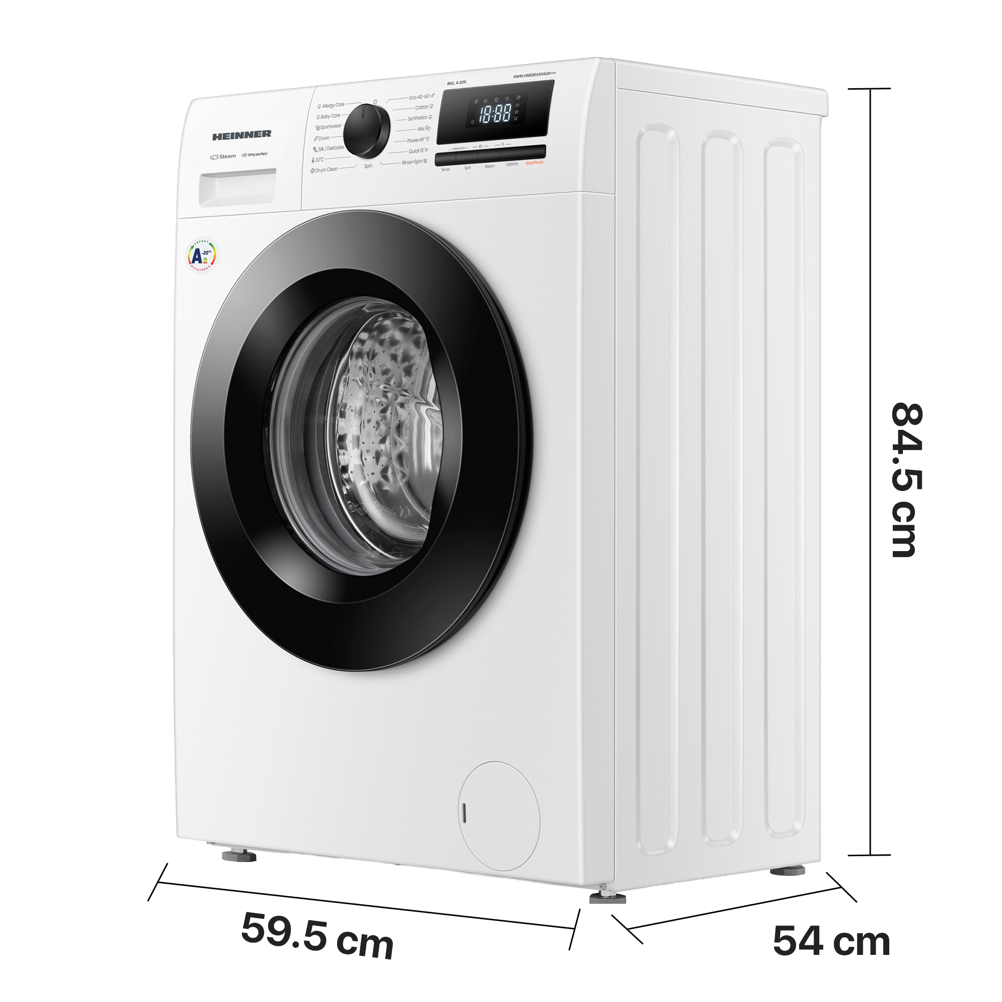 Eine weiße Waschmaschine mit schwarzem Bullauge und digitalen Anzeigen.