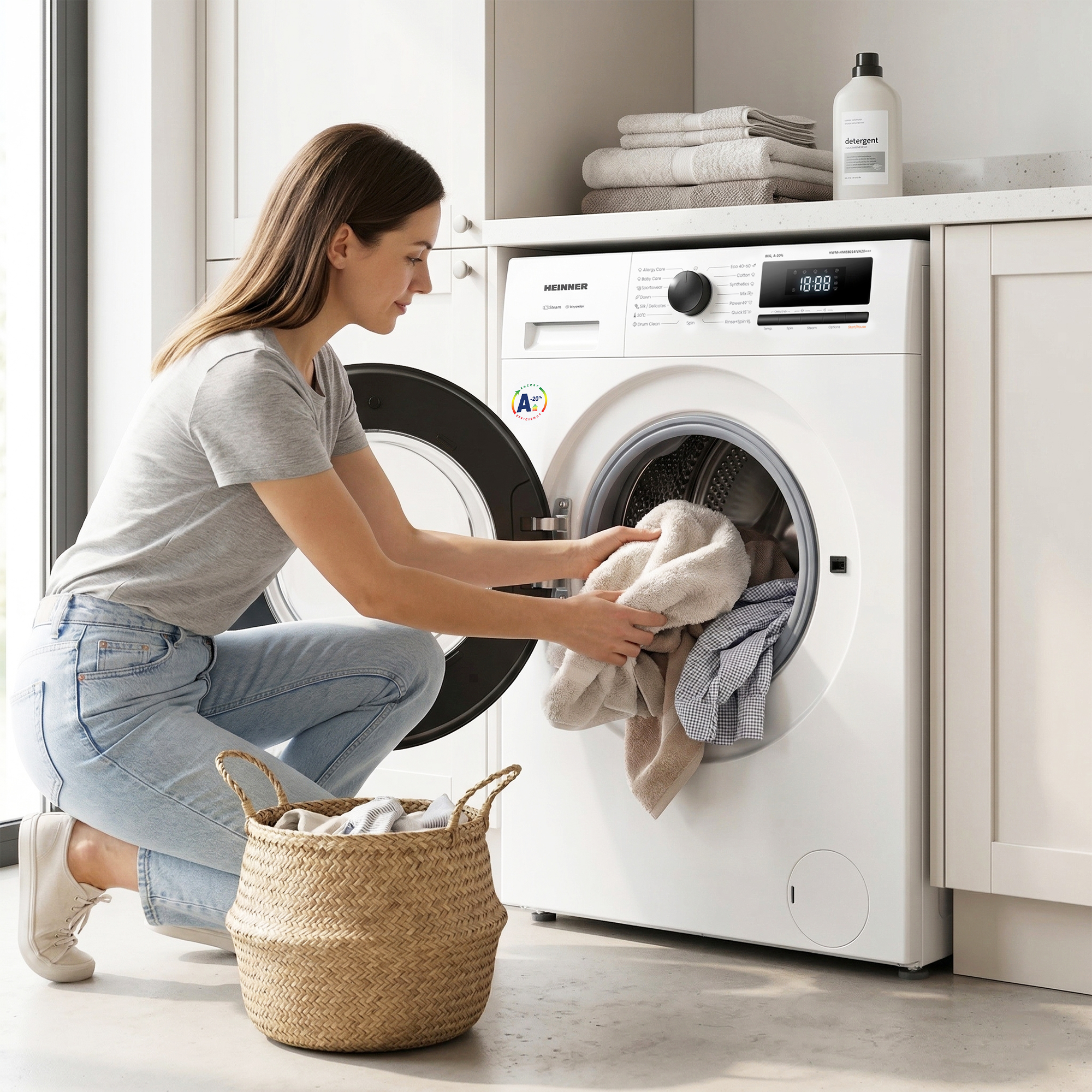 Eine Frau lädt Wäsche in eine Waschmaschine. Ein Wäschekorb steht daneben.
