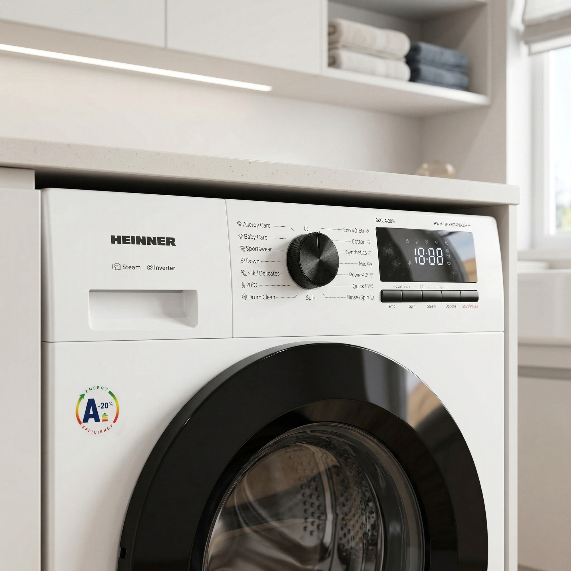 Eine weiße Waschmaschine mit schwarzer Tür und einem Bedienfeld mit Programmen und digitaler Anzeige.