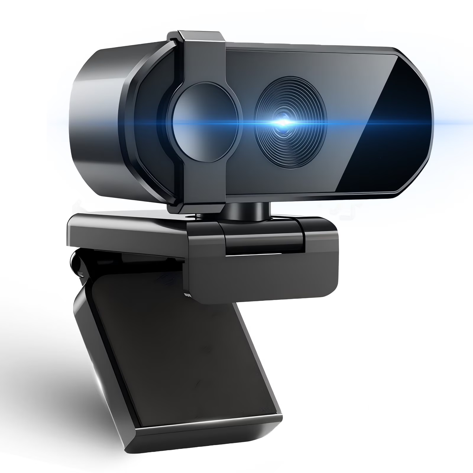 Eine schwarze Webcam mit einem blauen Lichtstrahl, der aus der Linse kommt.