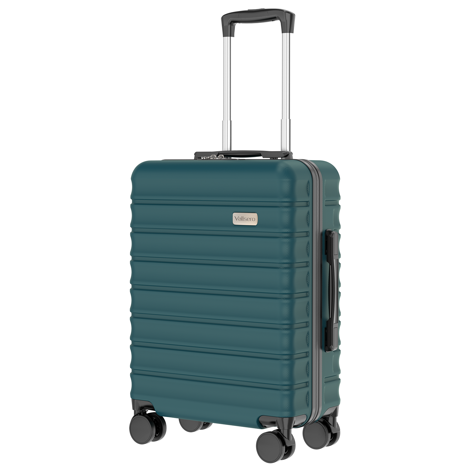 Turkusowa walizka na kółkach ze srebrną rączką i czarnymi kółkami.