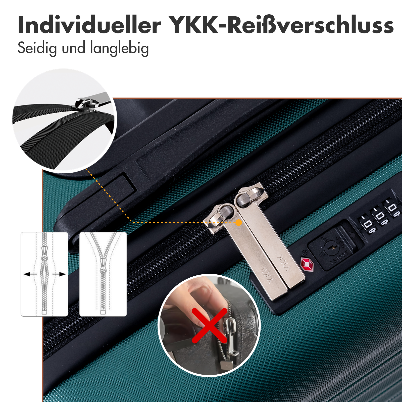 Nahaufnahme eines YKK-Reißverschlusses mit silbernen Zippern und Zahlenschloss.