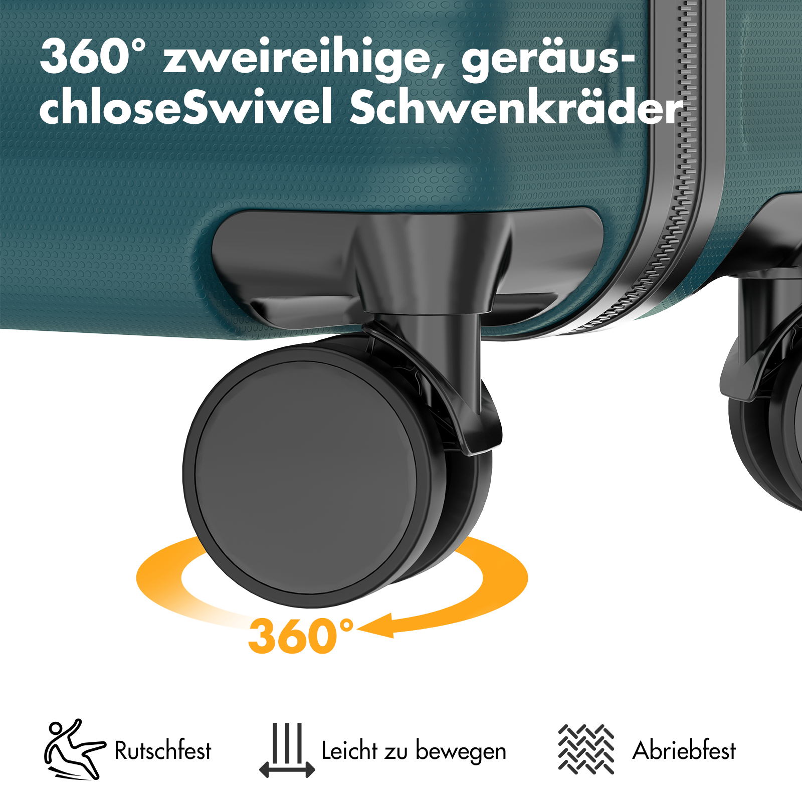 Ein blauer Koffer mit drehbaren Rädern und Text über 360° Bewegung.