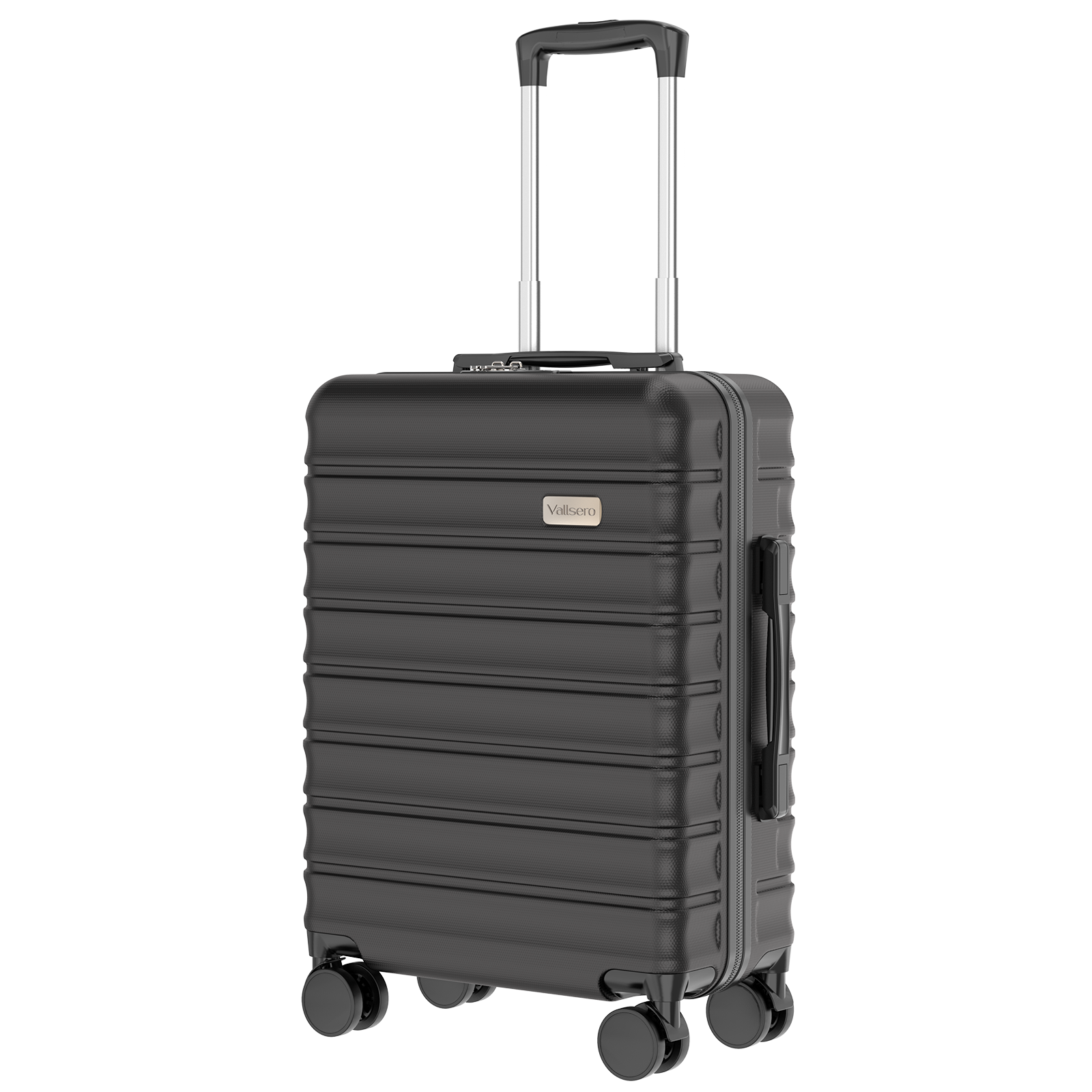 Czarna walizka kabinowa na kółkach z wysuwaną rączką.