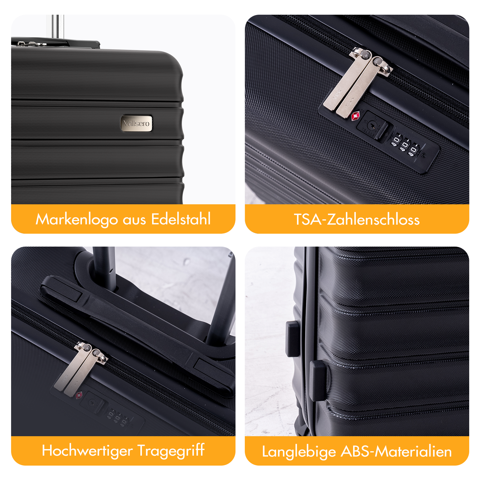 Schwarzer Koffer mit TSA-Schloss, Edelstahl-Logo, Griff und ABS-Material.