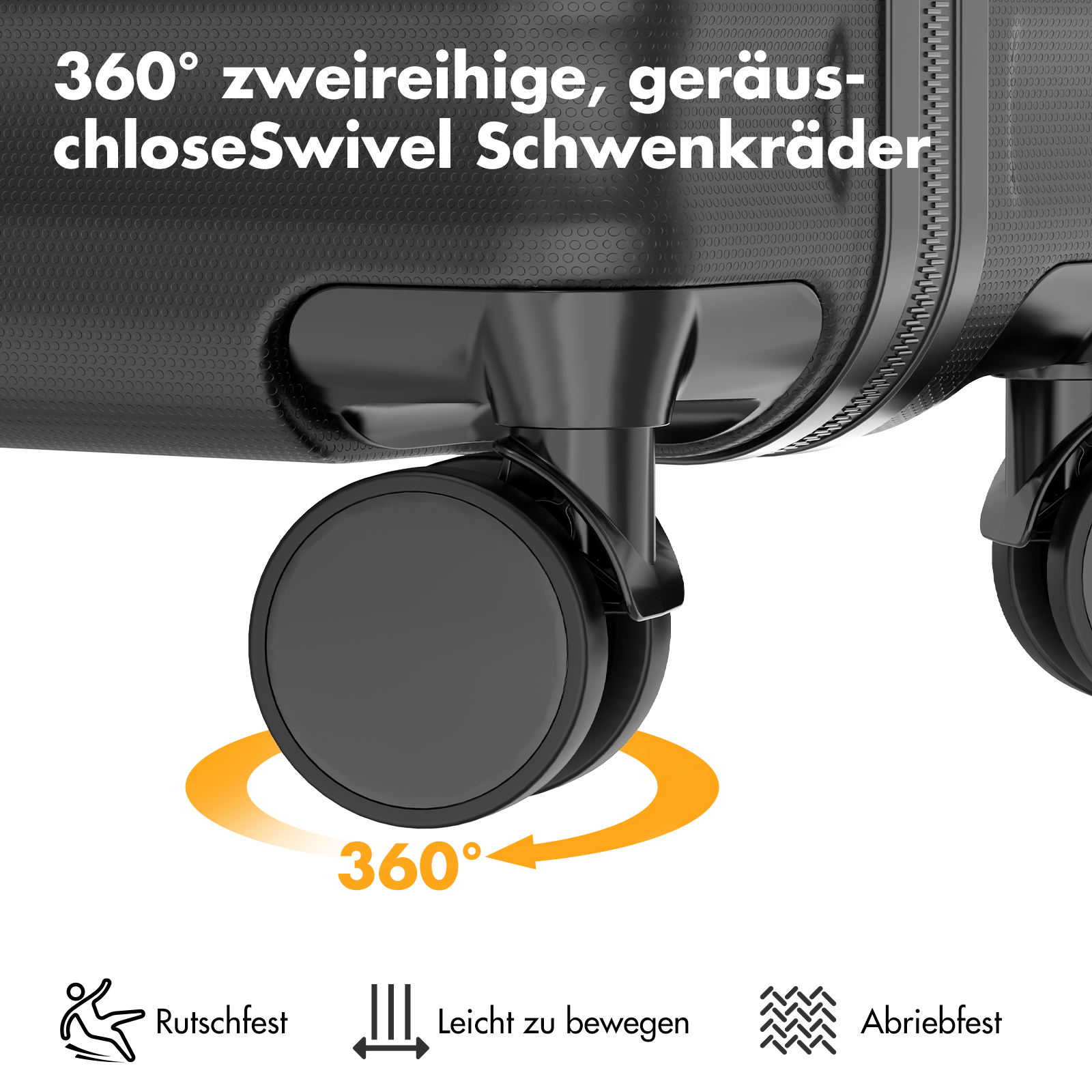 Schwarzer Koffer mit 360 Grad schwenkbaren Rollen und Icons für Rutschfestigkeit.