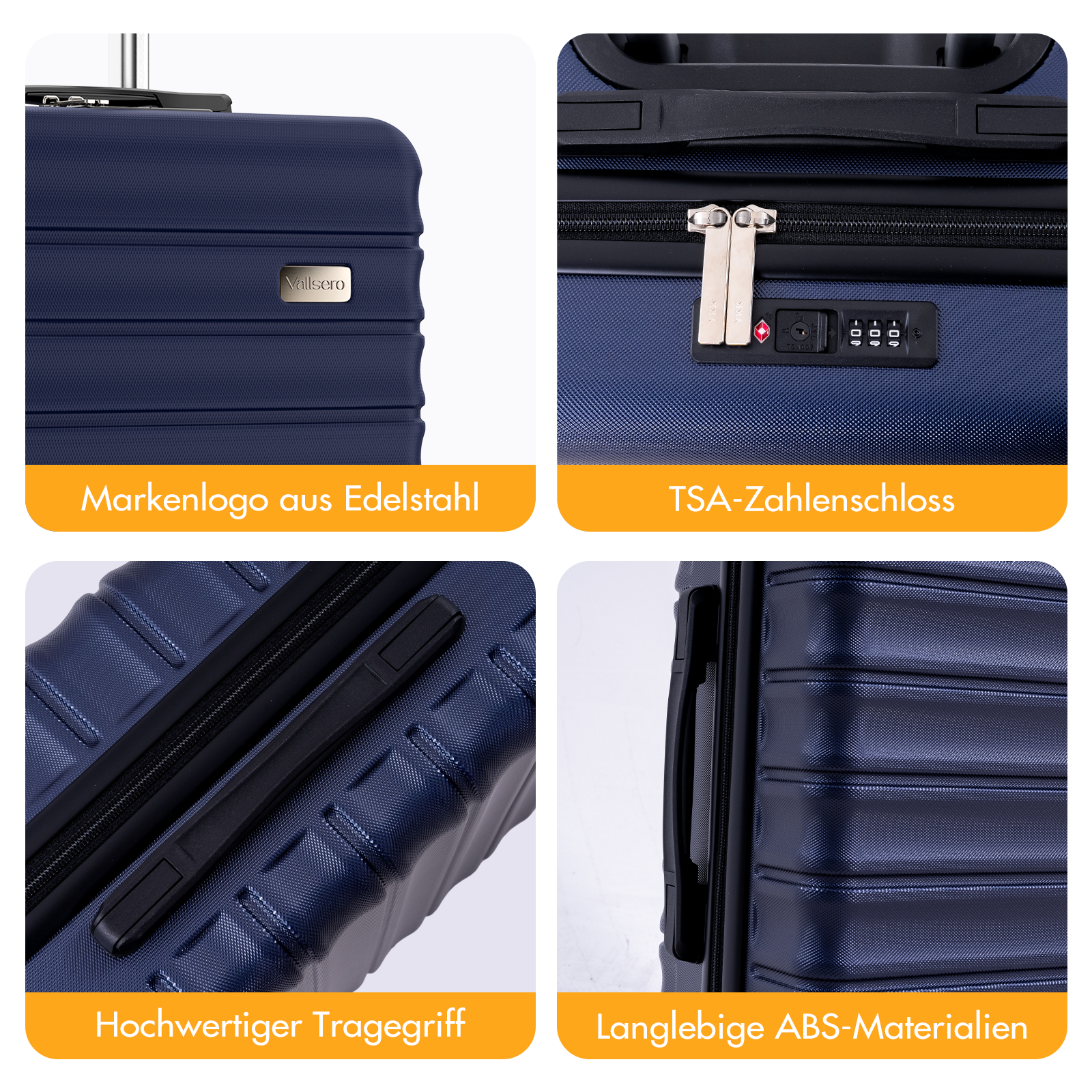 Dunkelblauer Koffer mit Edelstahl-Logo, TSA-Schloss, Griff und ABS-Material.