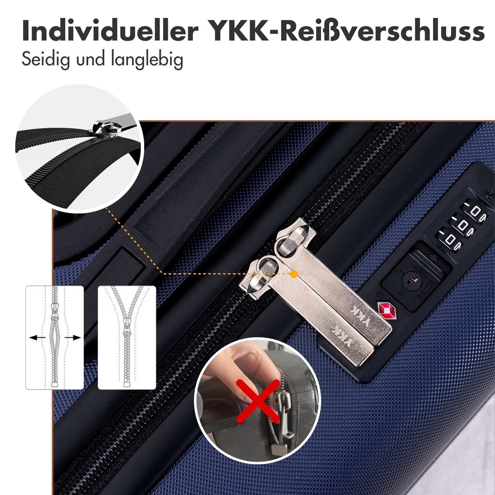 Nahaufnahme eines blauen Koffers mit YKK-Reißverschluss und TSA-Schloss.
