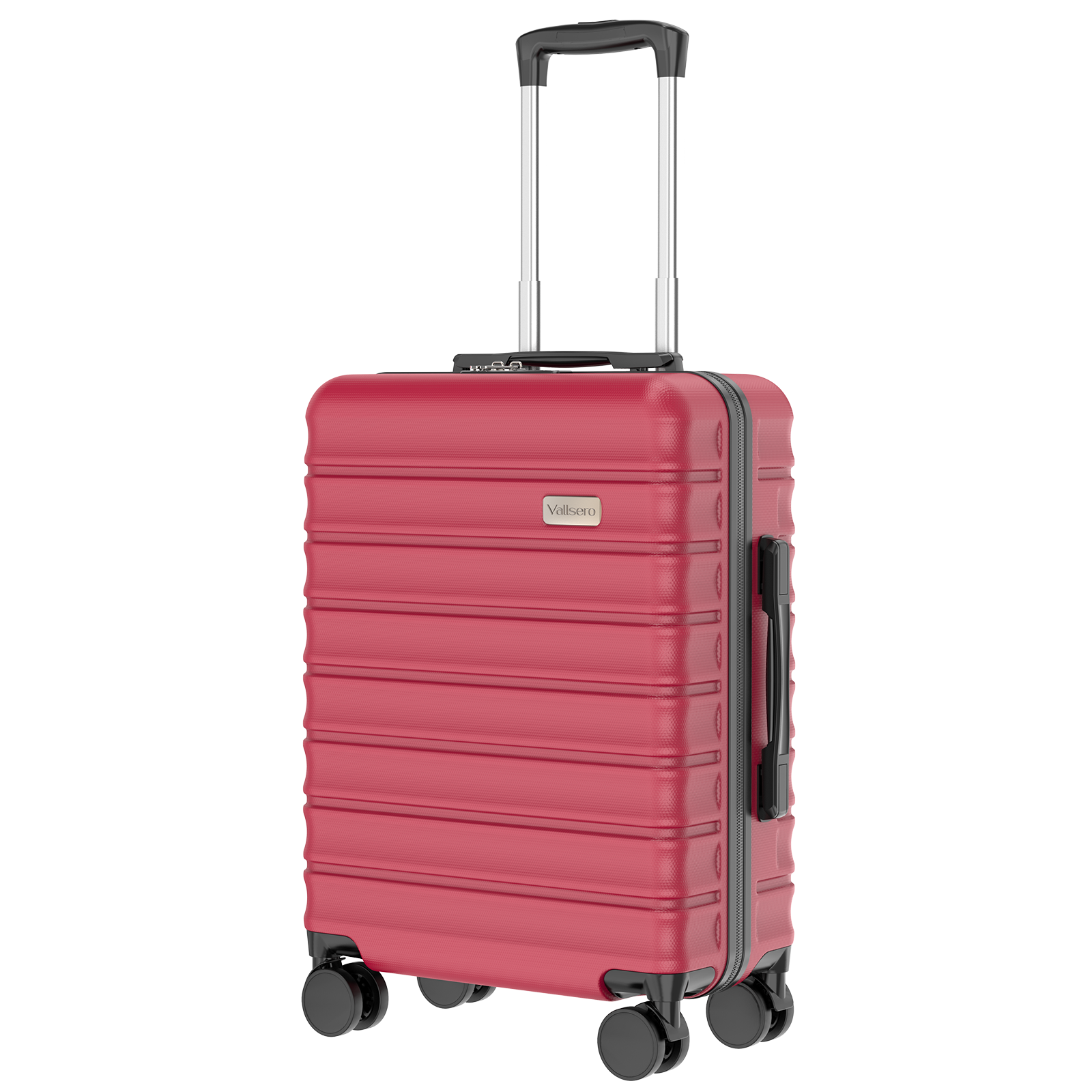 Czerwona walizka na kółkach z wysuwanym uchwytem.