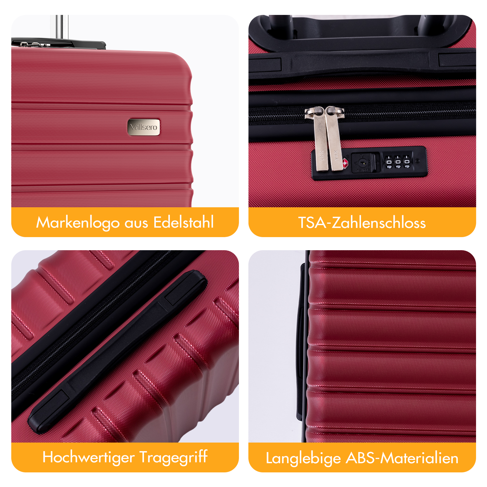 Roter Koffer mit Edelstahl-Logo, TSA-Schloss, Griff und ABS-Material.