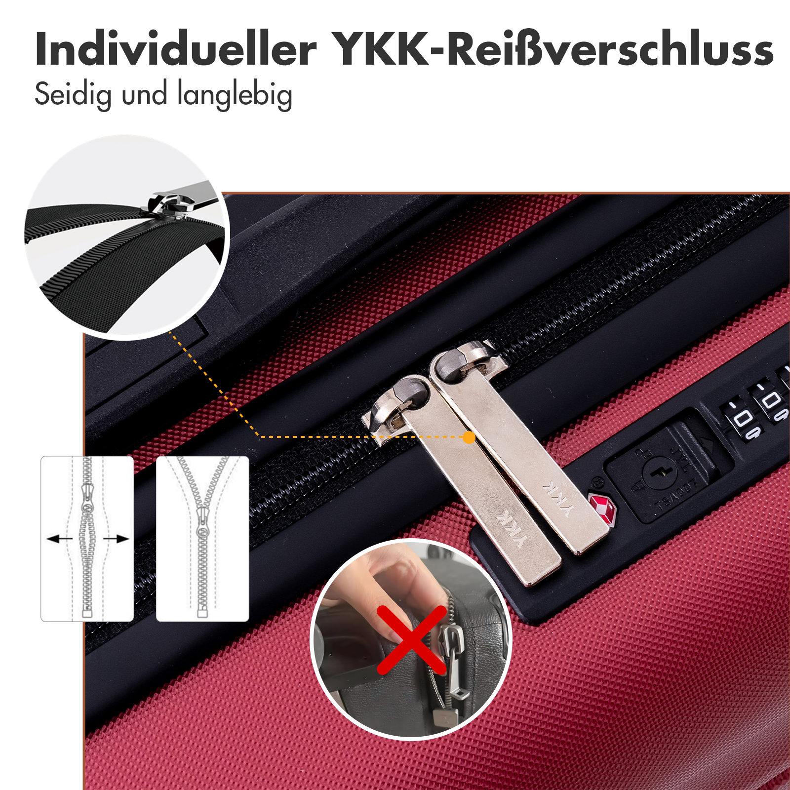 Reißverschluss-Detail: YKK-Reißverschluss mit silbernen Zippern, TSA-Schloss.