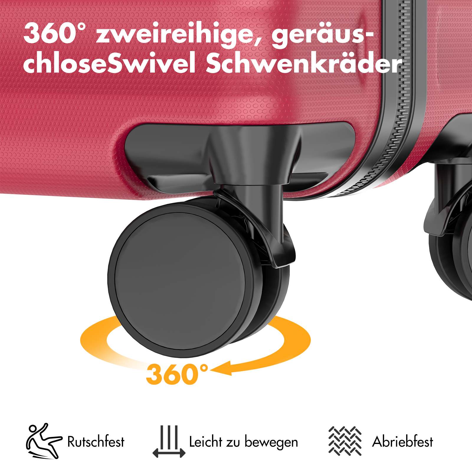 Roter Koffer mit 360-Grad-Schwenkrädern und Reißverschluss.