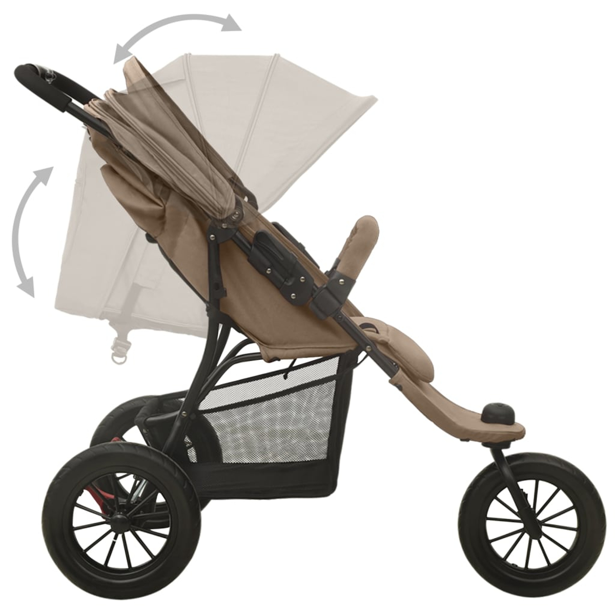 Ein beiger Kinderwagen mit schwarzen Rädern und Netzkorb. Verstellbares Verdeck.