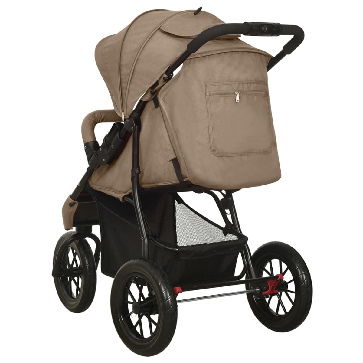 Ein beiger Kinderwagen mit drei schwarzen Rädern und Netzablage.
