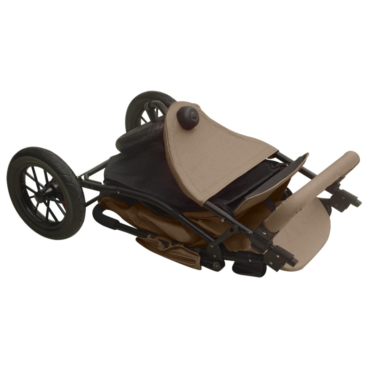 Zusammengeklappter Kinderwagen in Braun und Schwarz mit drei Rädern.