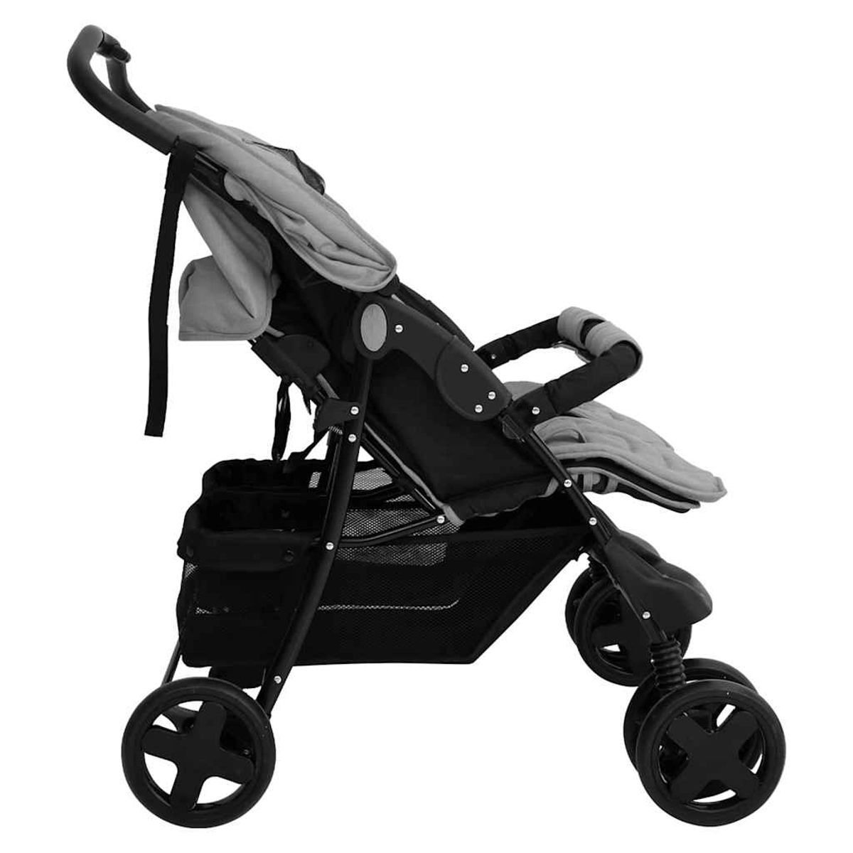 Ein grauer Kinderwagen mit schwarzem Gestell und Aufbewahrungskorb.