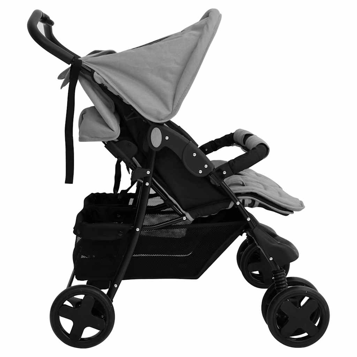 Ein grauer Kinderwagen mit schwarzem Gestell und Aufbewahrungskorb.