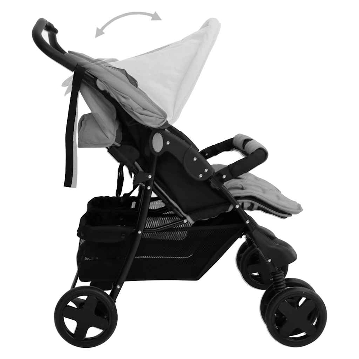Ein grauer Kinderwagen mit schwarzem Rahmen und Verdeck, auf weißem Hintergrund.