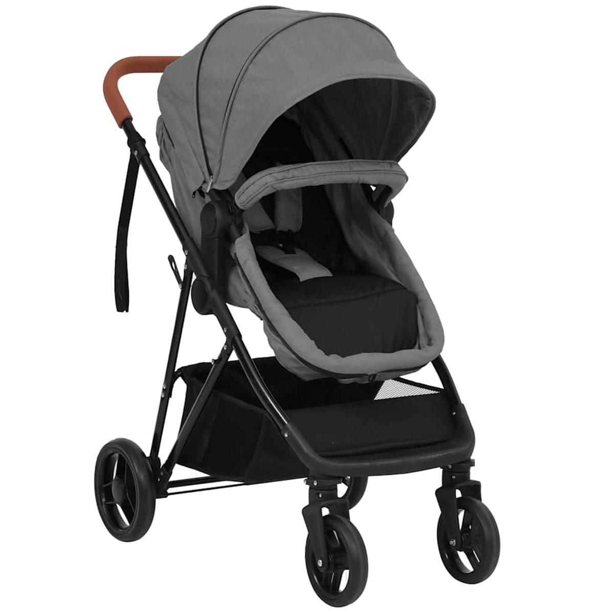 Ein grauer Kinderwagen mit schwarzem Sitz und Aufbewahrungskorb. Er hat einen braunen Griff.