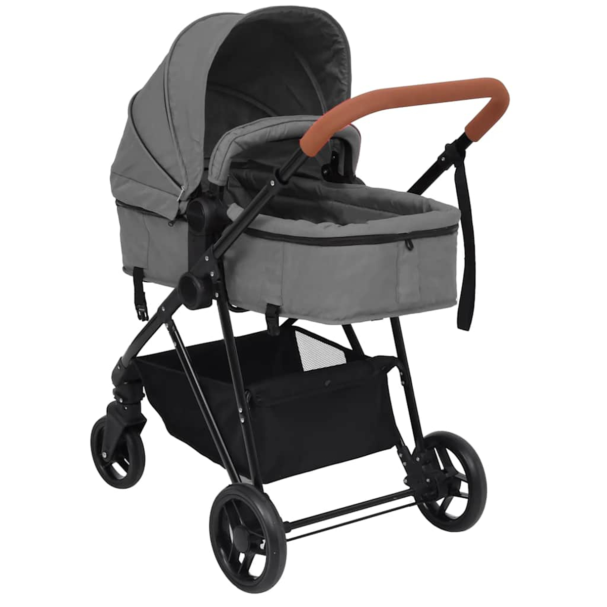 Grauer Kinderwagen mit braunem Griff und schwarzem Korb.