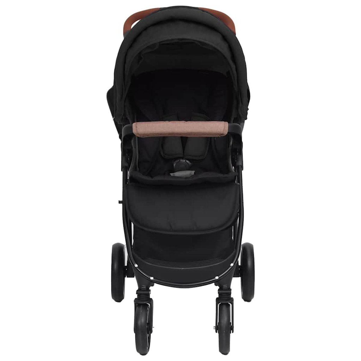 Schwarzer Kinderwagen mit braunem Griff und Sicherheitsgurt.