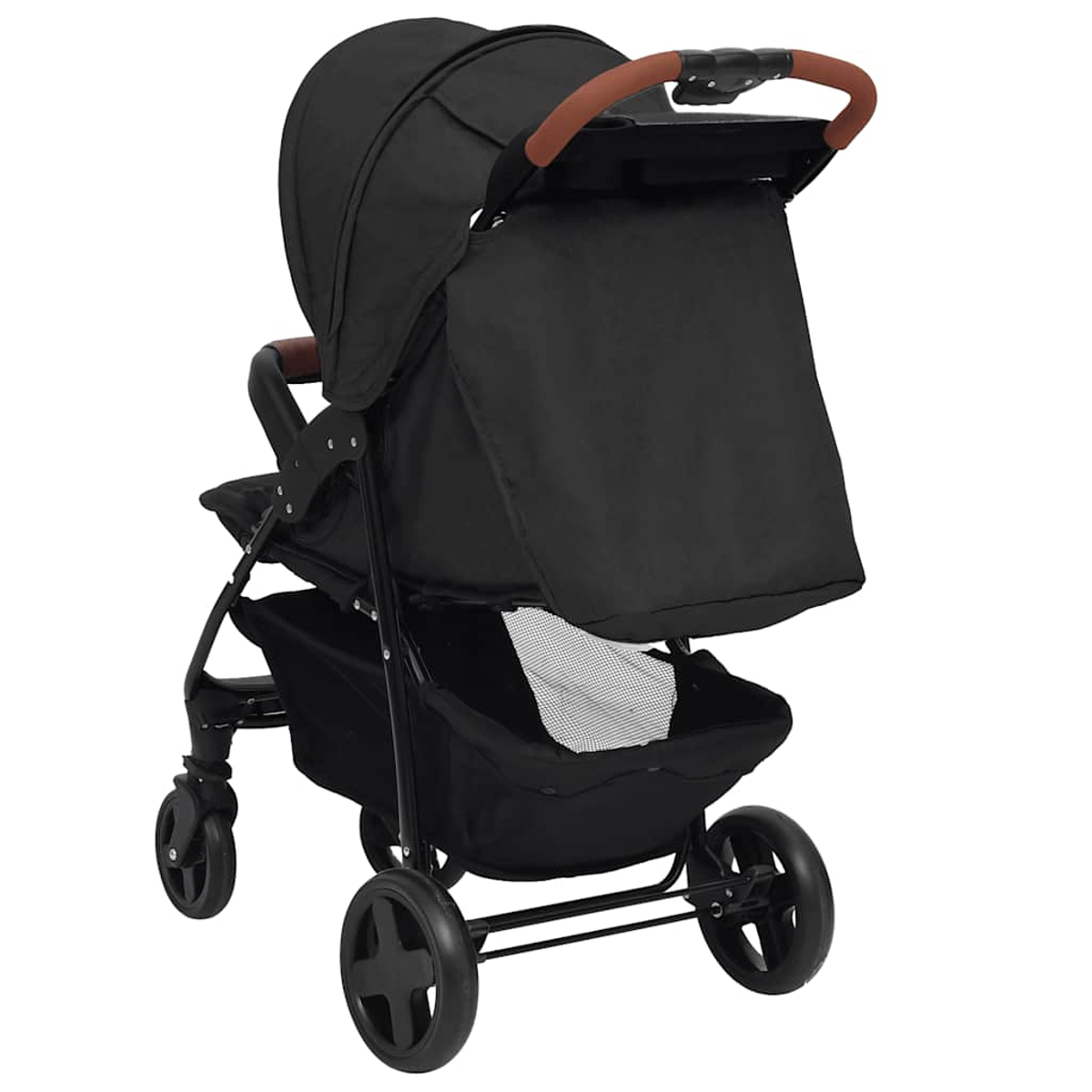 Ein schwarzer Kinderwagen mit braunem Griff und darunterliegendem Korb.